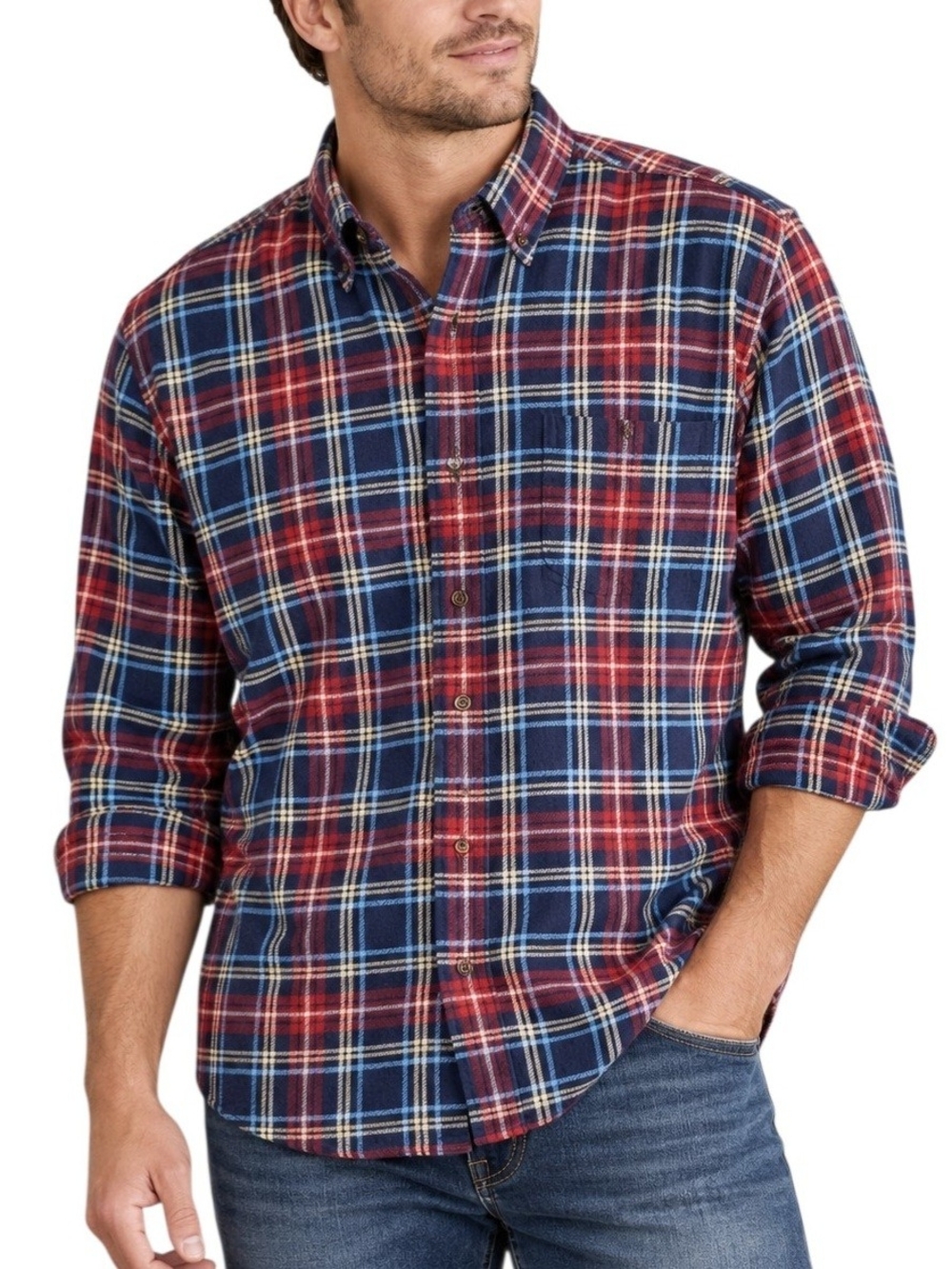 Saddlebred Men’s Large Flannel Shirt Red Navy Blue Plaid 100% Cotton Button Down